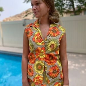 Vintage hand-made sleeveless orange floral top